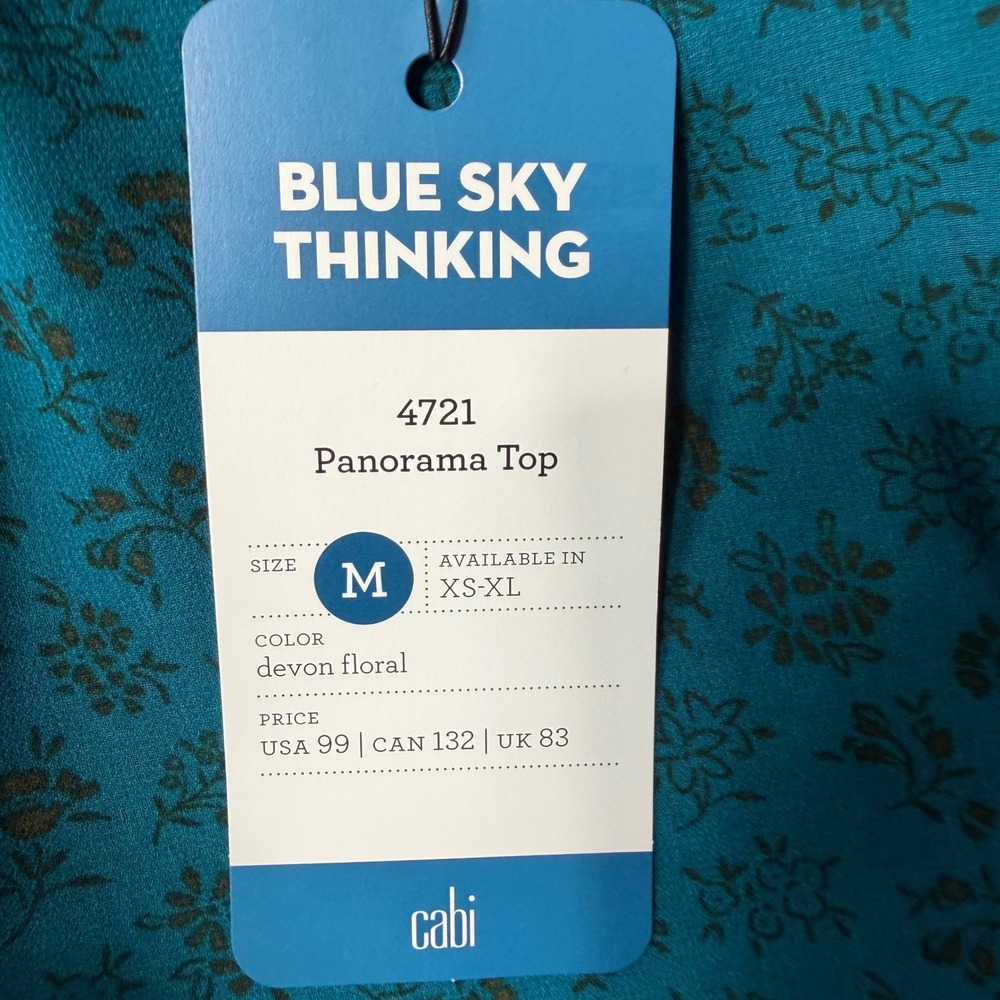 NWT Cabi Panorama Top Women Size M Devon Floral Teal Blue Short Puff Sleeve - Picture 4 of 9